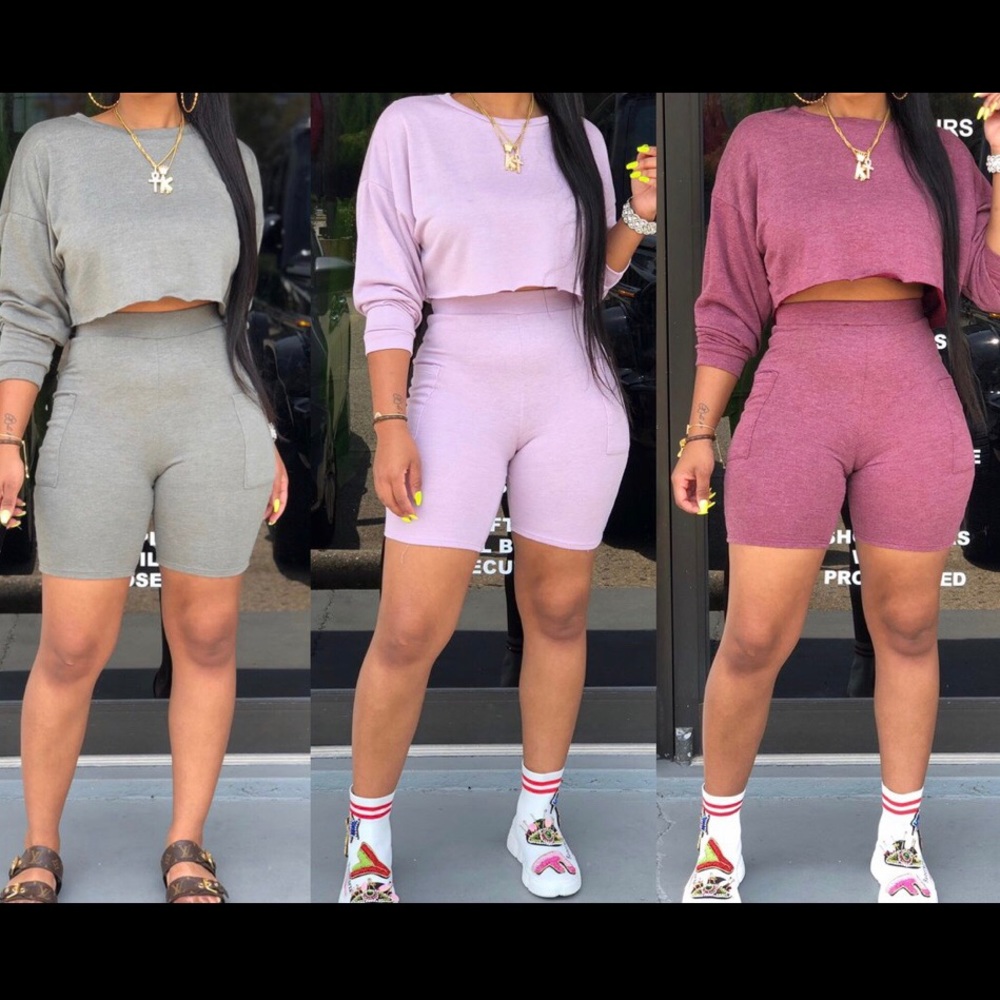 Comfy biker shorts and long sleeve crop set (rose)
